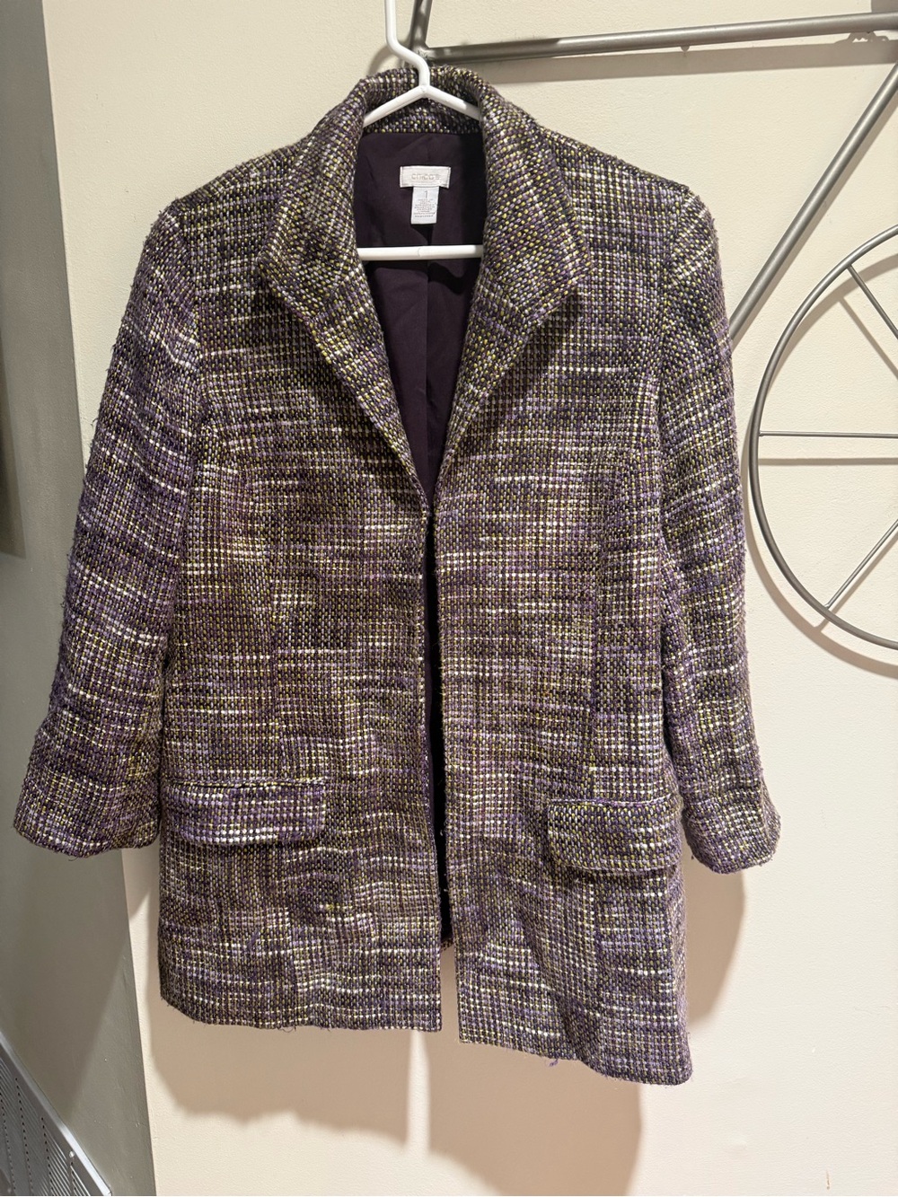 Chico's Metallic Tweed Bouclé Open Front Jacket Blazer Purple Gold Size 1 (M)